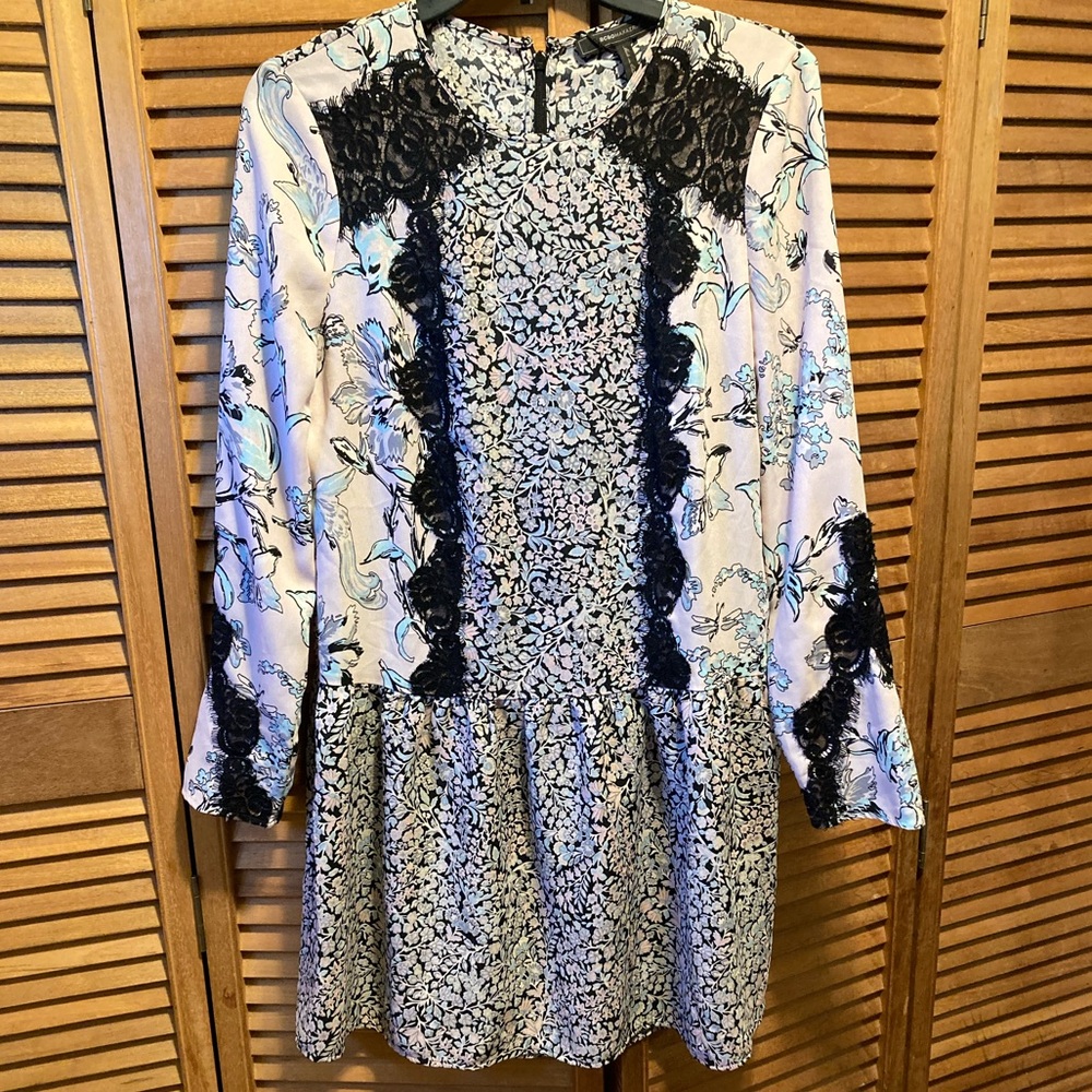 BCBGMaxazria Bryanne Floral Print Lace Trim Long Sleeve Drop Waist Dress/Tunic